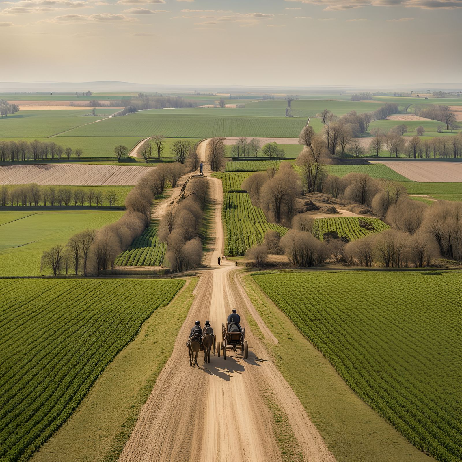Idyllic Countryside Scene with Fields and Carts