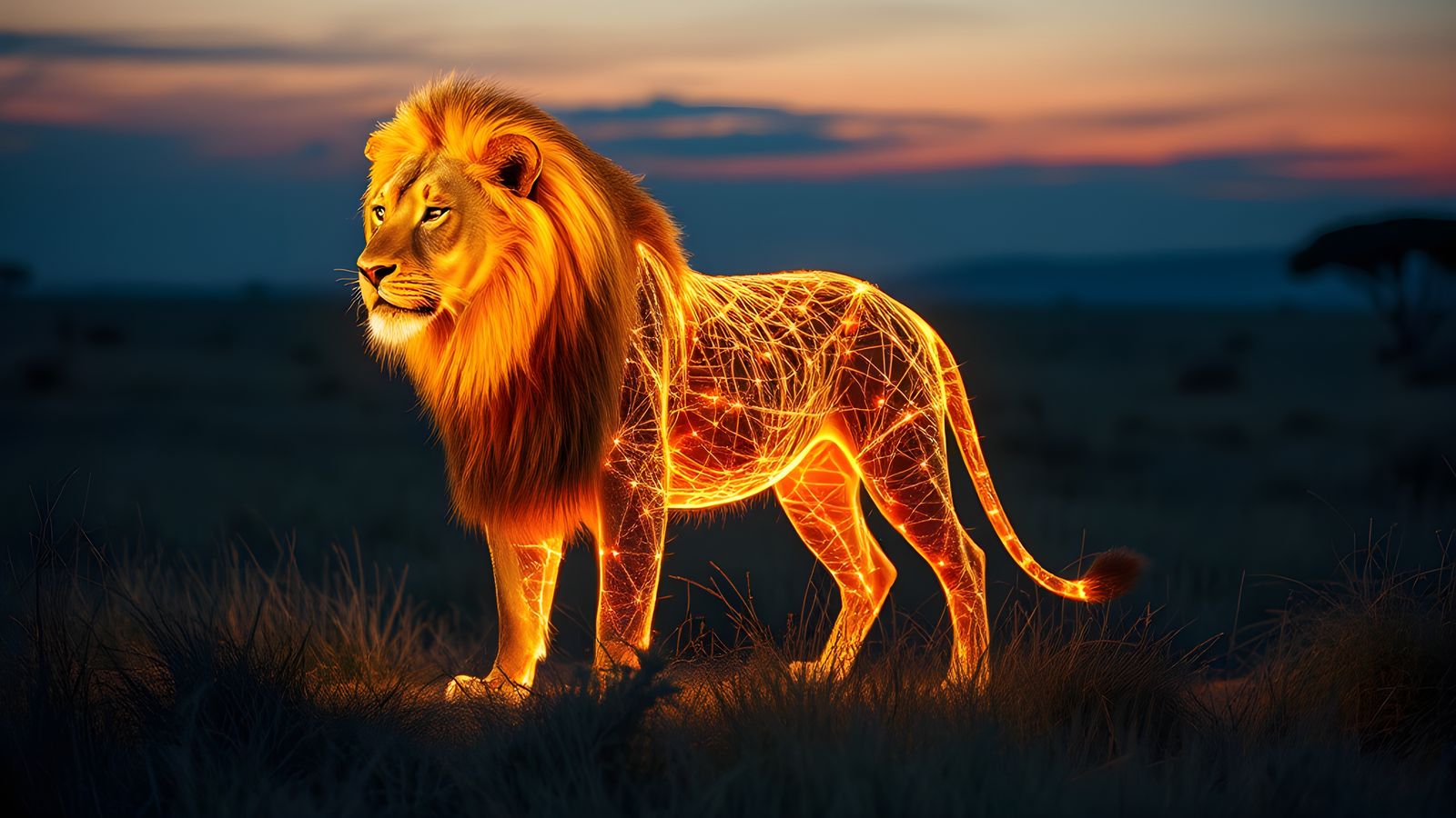 Majestic Light Lion in Serengeti at Dusk