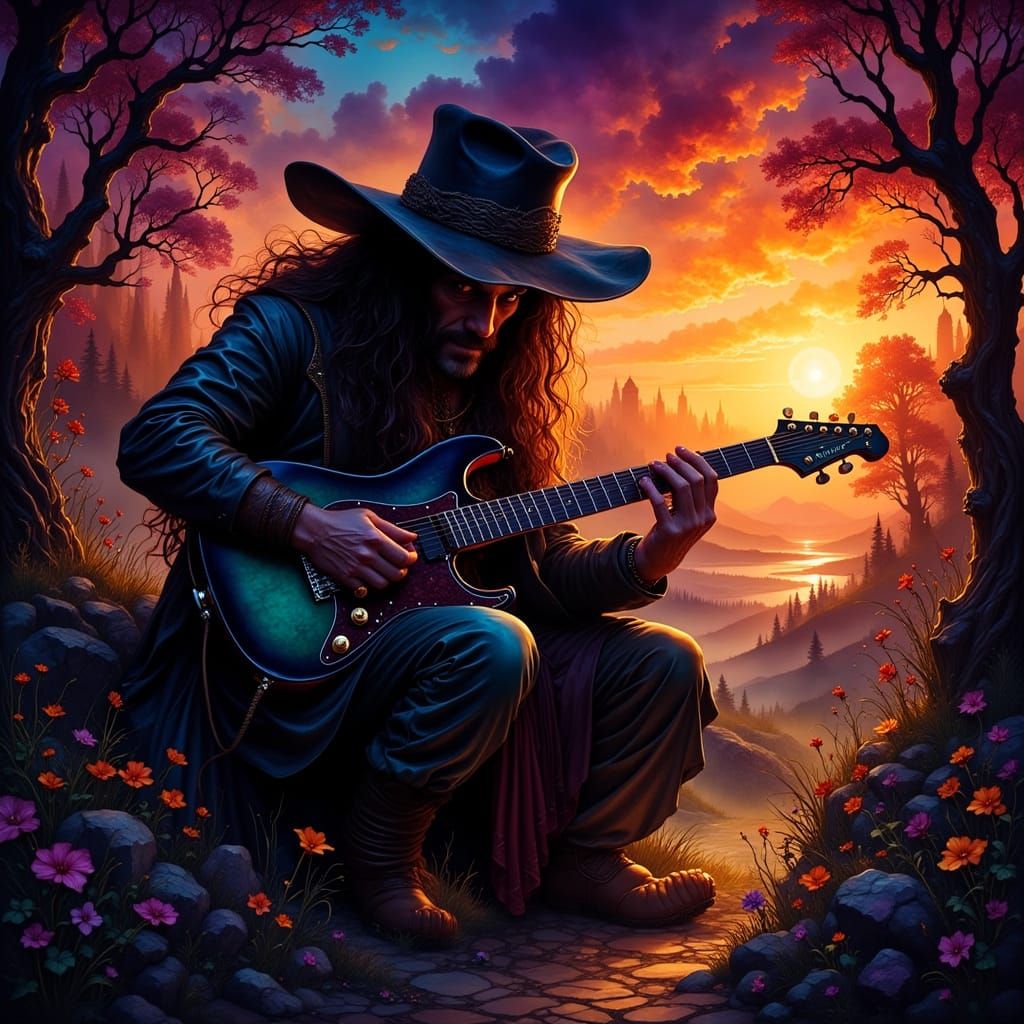 Mysterious Guitarist Plays During Sunset, Fantasy Ink Style