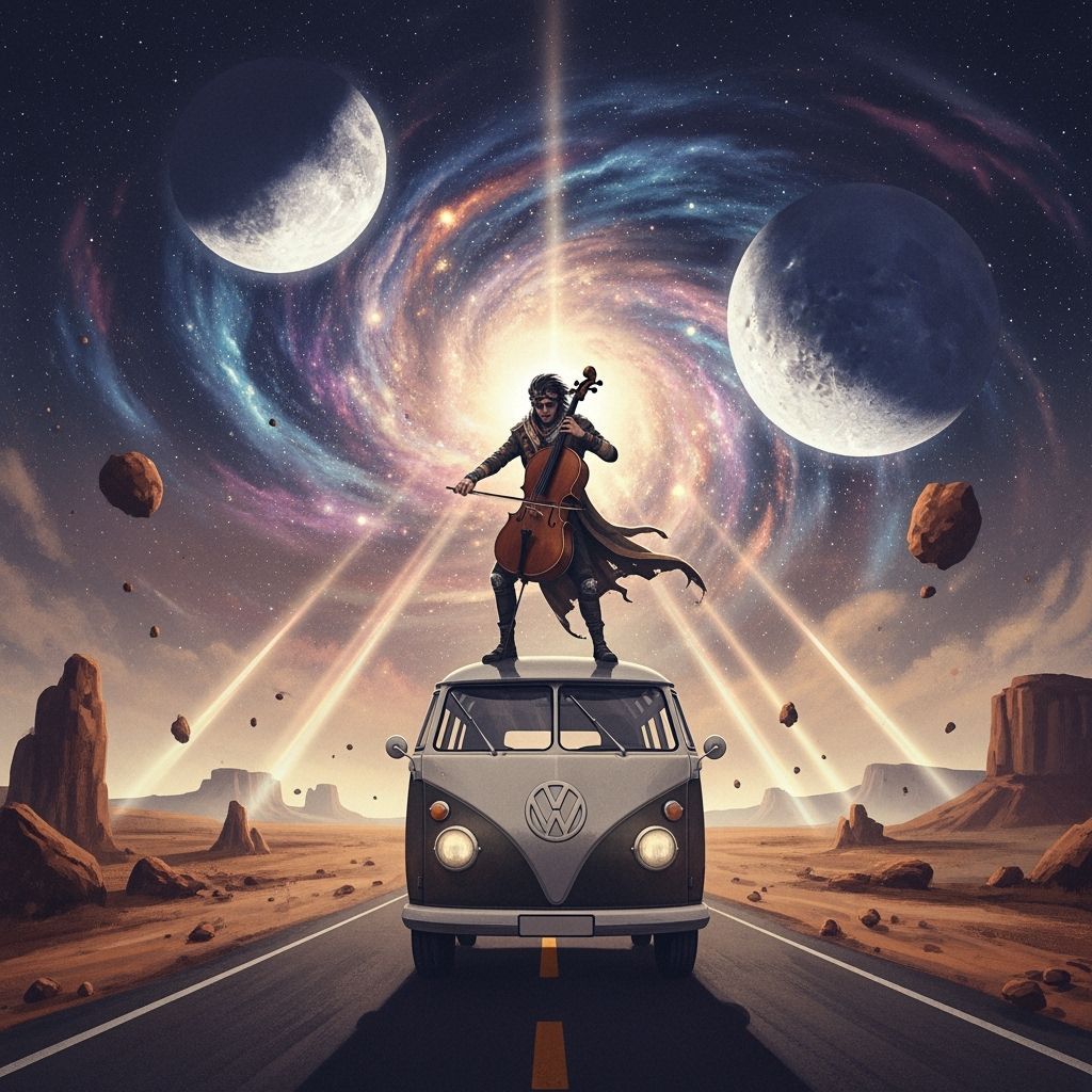 Steampunk Bard Plays Cello on Alien Desert Road
