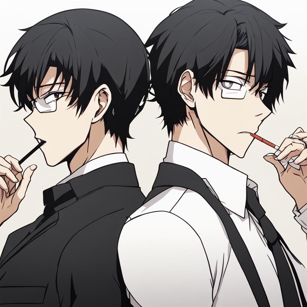 Animanga-style pose reference of two bishounen characters standing closely, one is slightly taller than the other. One c...