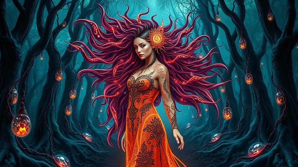 Mystical Woman in Bioluminescent Forest, Surreal Art