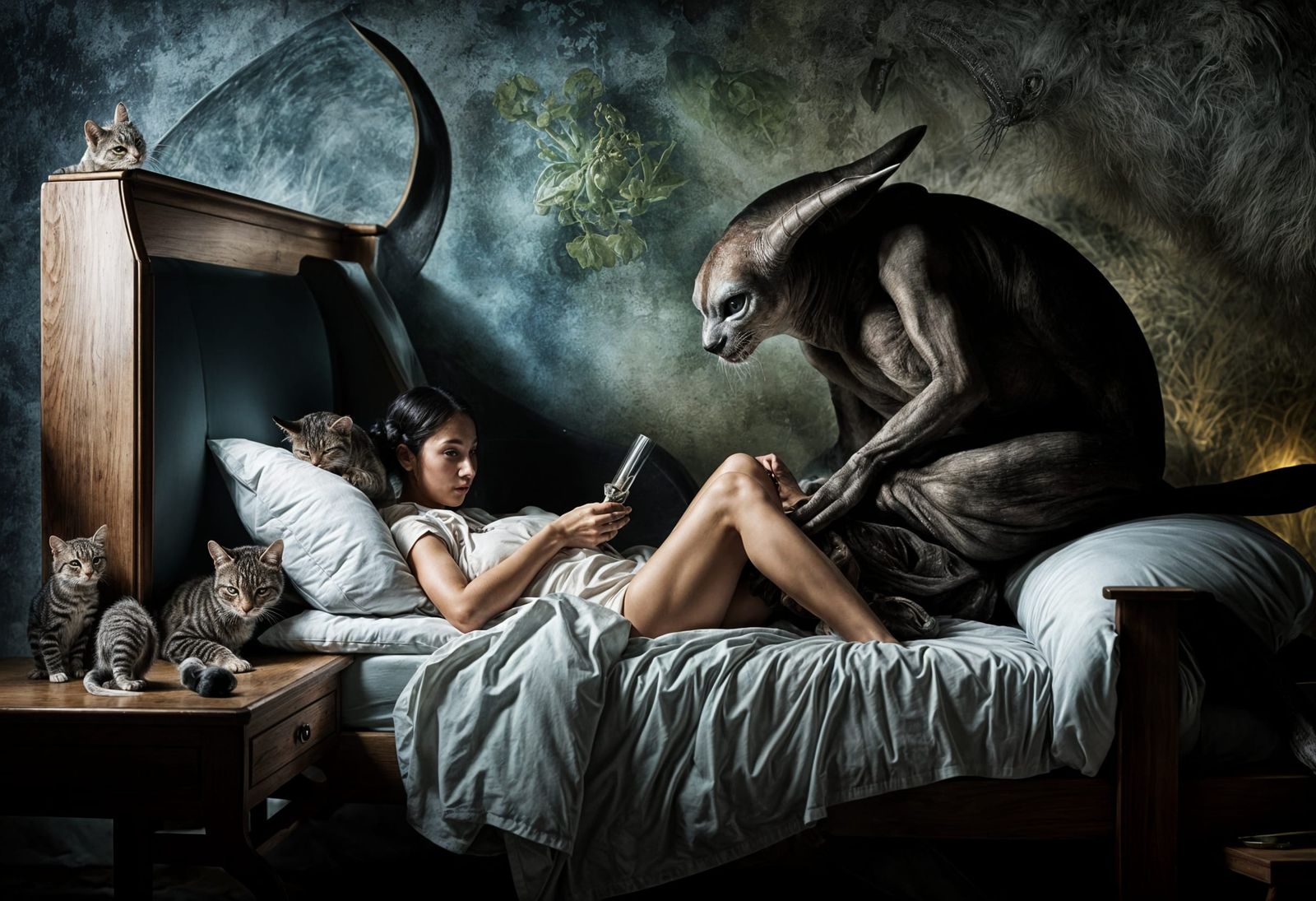 Alien Couple Sleeping in Bed with Cats