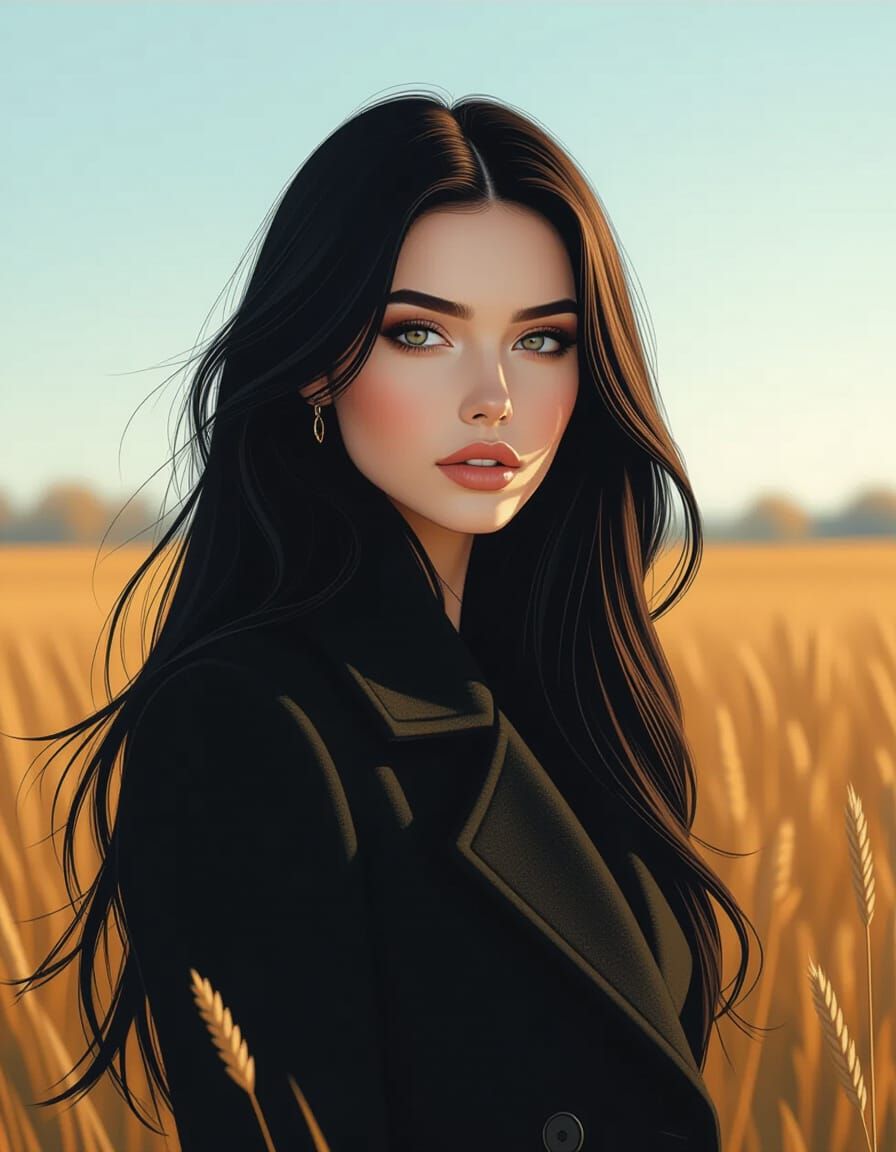 Striking Woman in Field: Hyperrealistic Digital Art