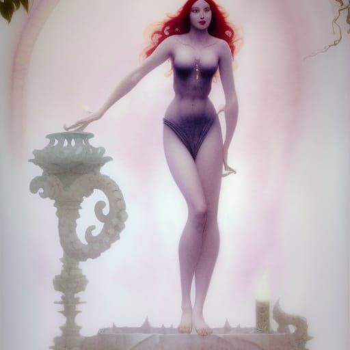 renaissance goddess next to a temple fountain