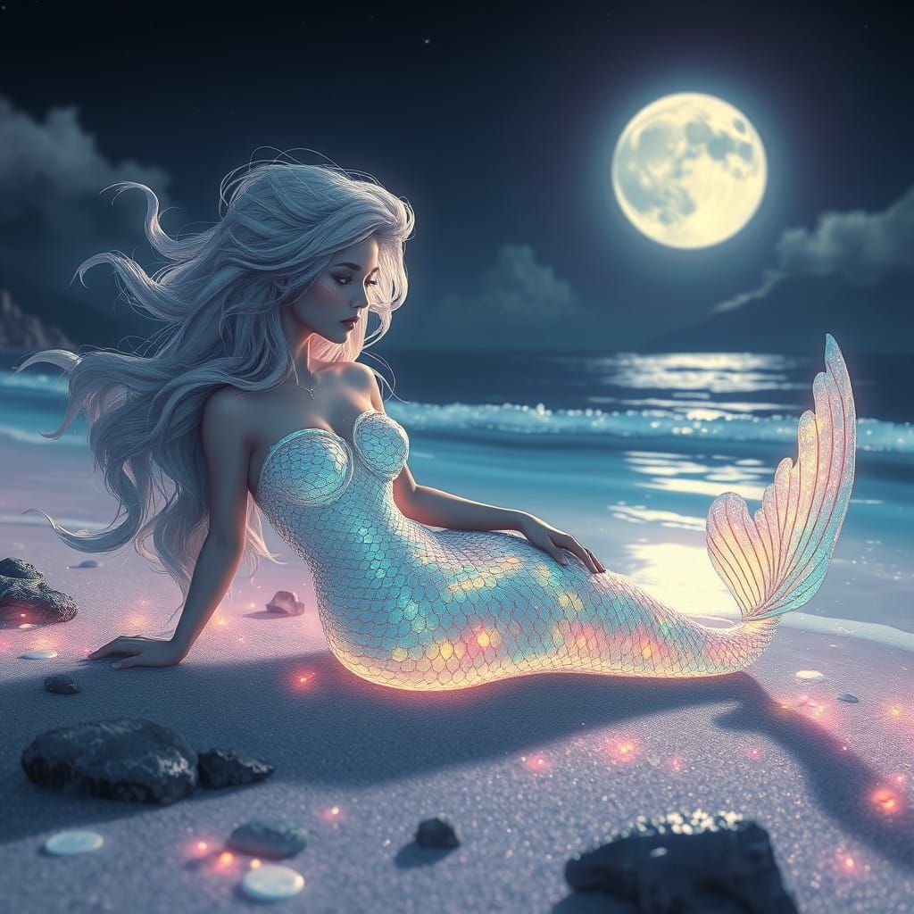 Glowing Mermaid in Ethereal, Dreamlike Landscape