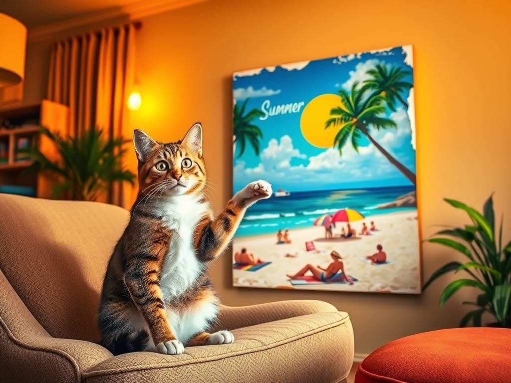 Cozy Cat Points at Tropical Beach Scene