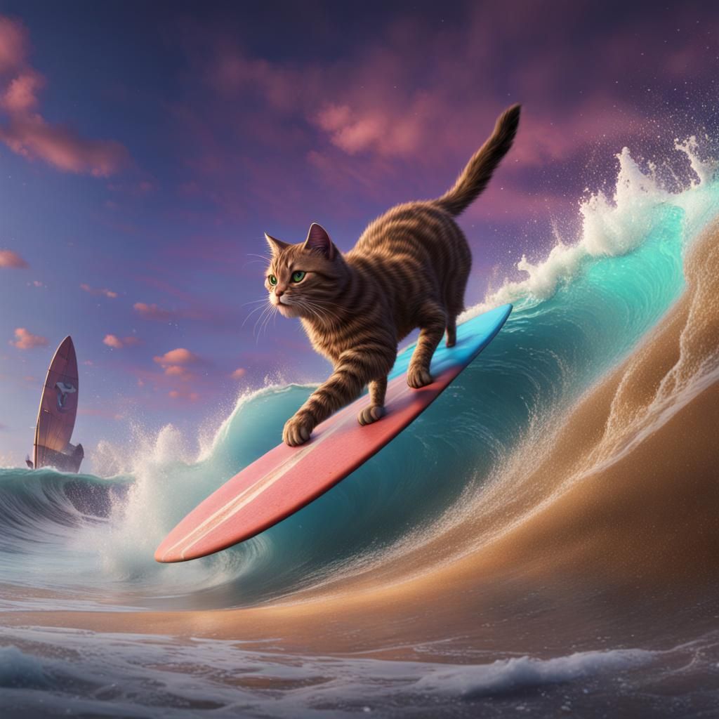 Surfing Cat: Detailed Matte Painting in Deep Color