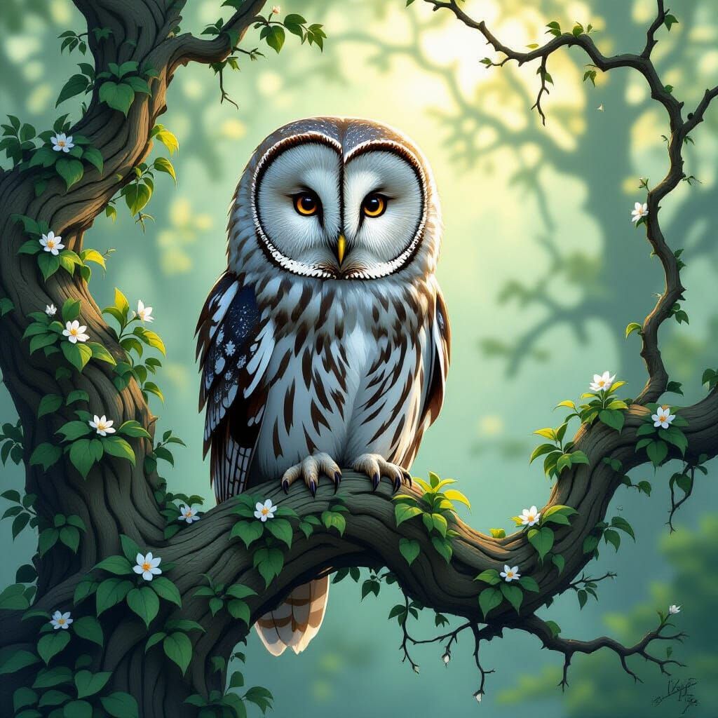 A digital illustration of a grey owl perched gracefully on a...