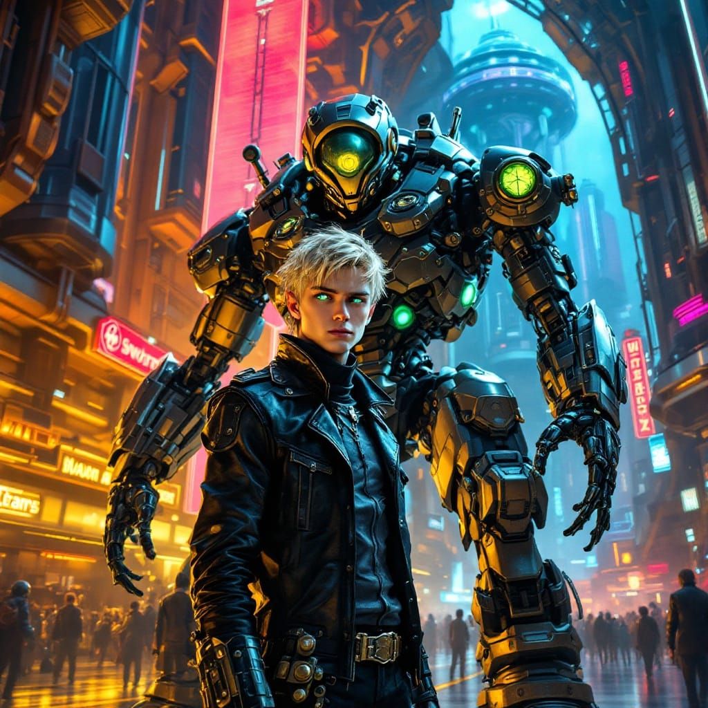 Cyberpunk Teen Elf Stands Tall with High-Tech Battle-Mech