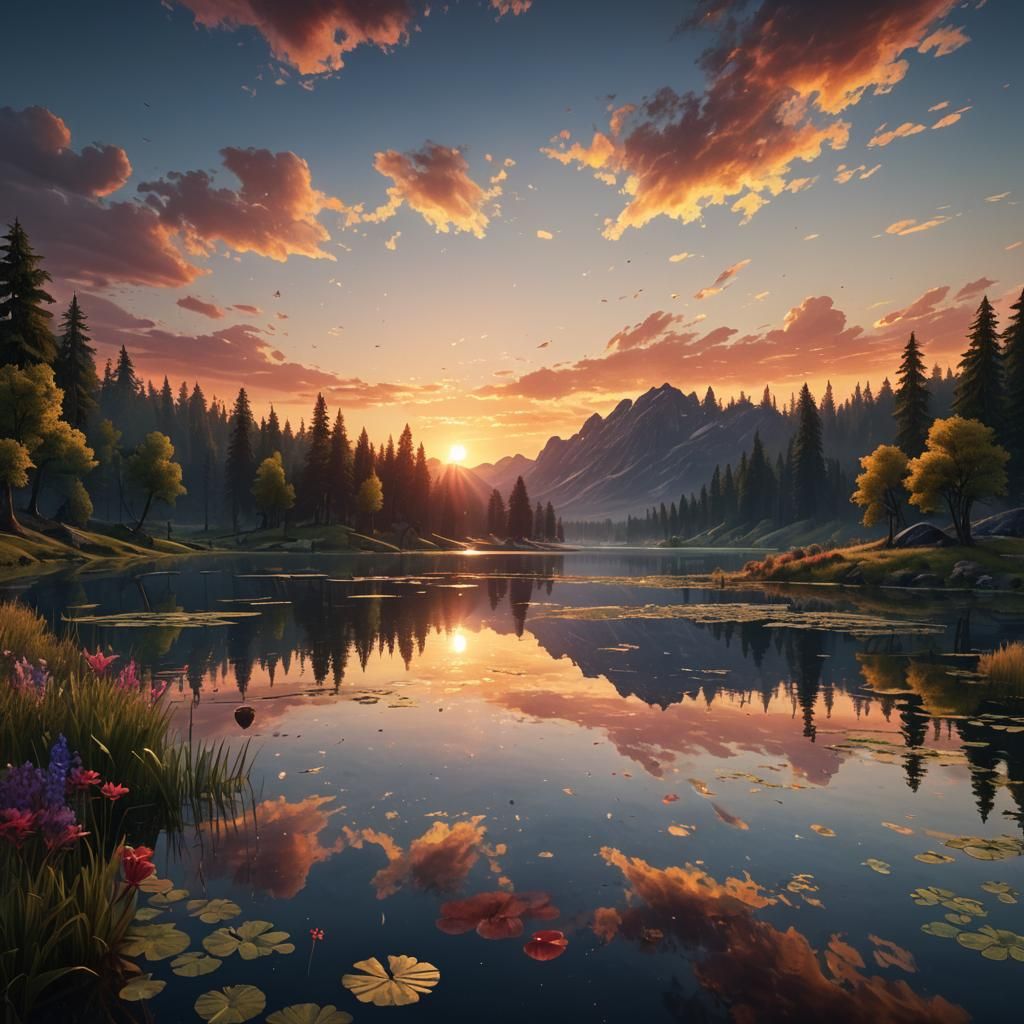 Hyperrealistic Sunset Reflection: Detailed Matte Painting