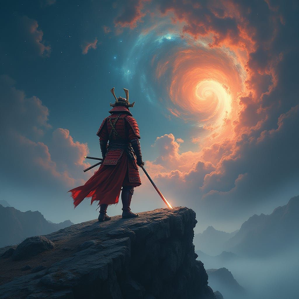 Crimson Samurai Warrior Against Cosmic Nebula Sky