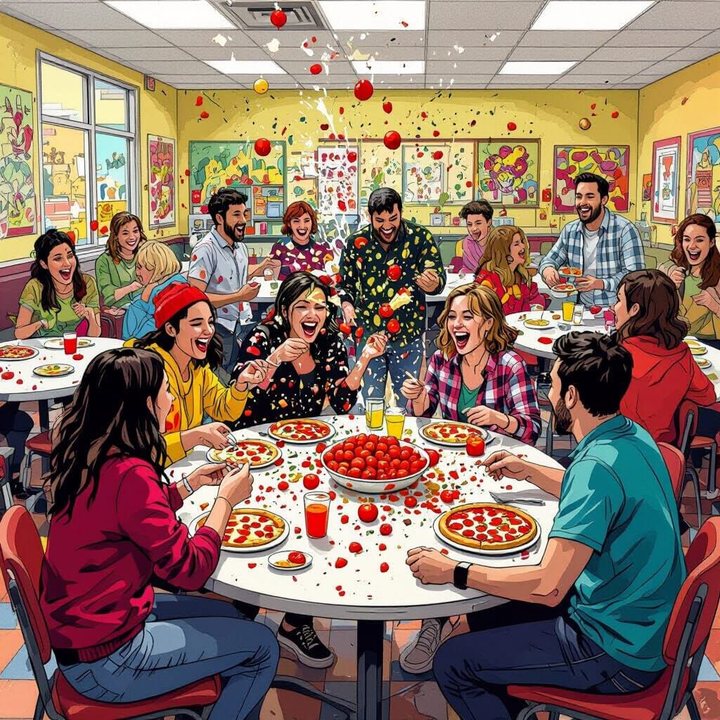 Vibrant Cafeteria Food Fight in Whimsical Style