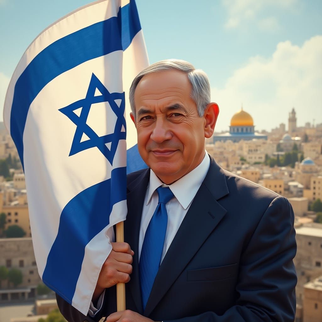 Israeli Leader in Patriotic Pride, in Realistic Landscape St...