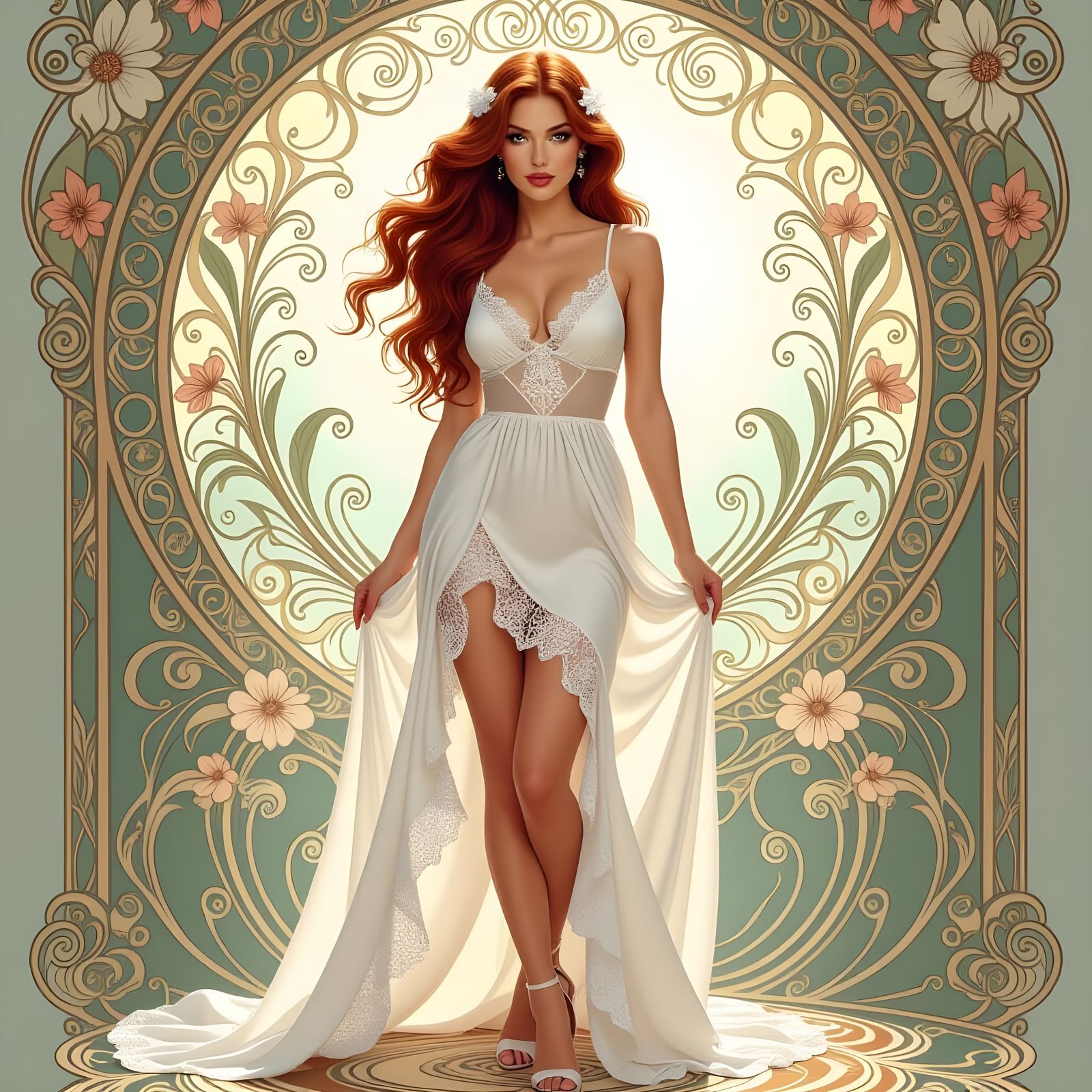 Elegant Woman in Mucha-Style Art Nouveau Setting