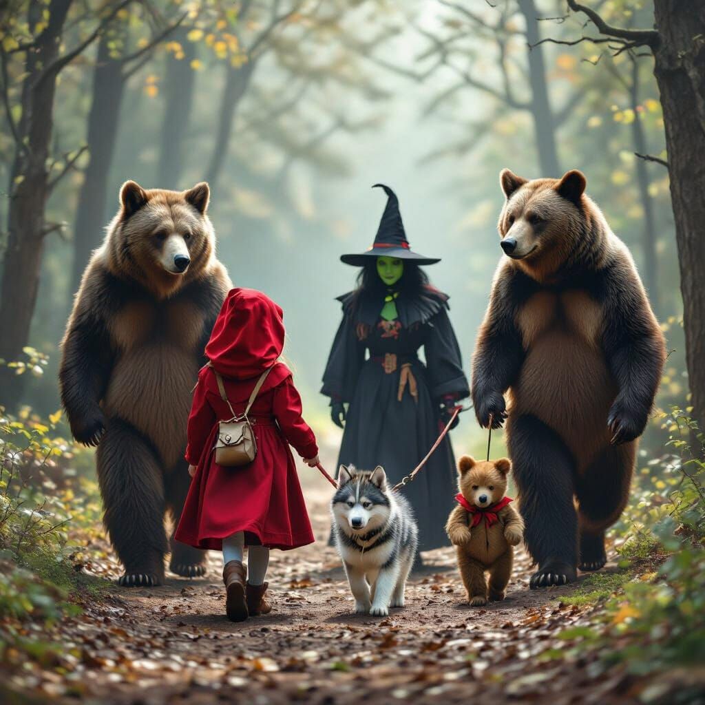 Little Red Riding Hood Walks Pet Wolf with Fairy Tale Charac...
