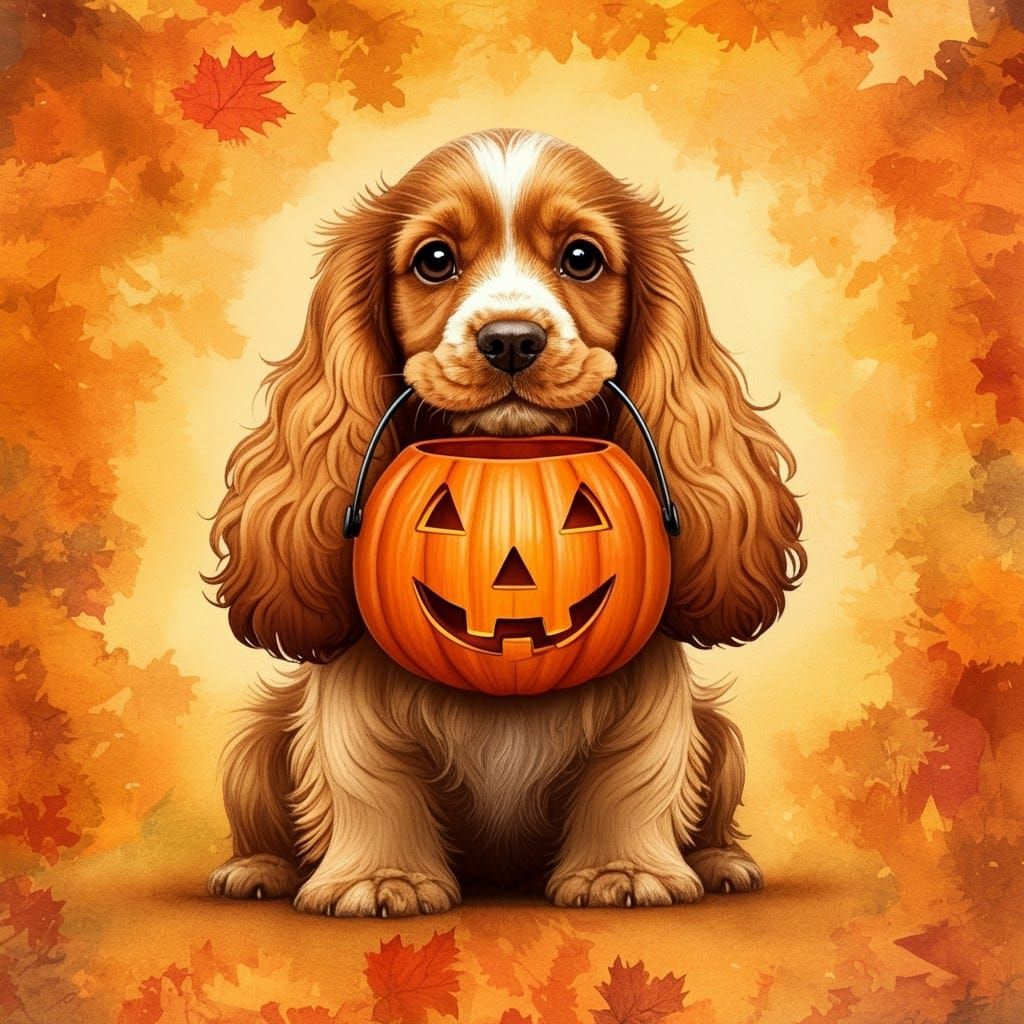 Cocker Spaniel with Pumpkin in Watercolor Autumn Scene