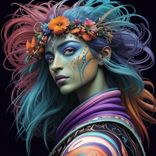 Colorful Surreal Portrait with Peacock Feathers