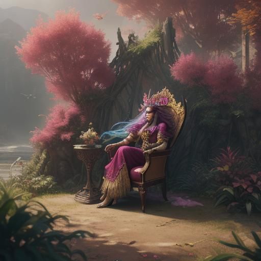 Peacock Feather Haired Woman on Throne, Fantasy Art