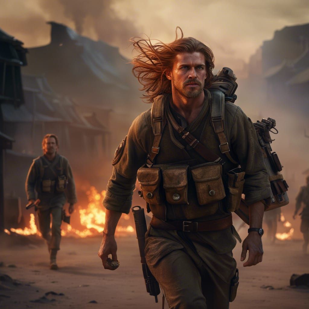Nordic Soldier Running Through Burning Village
