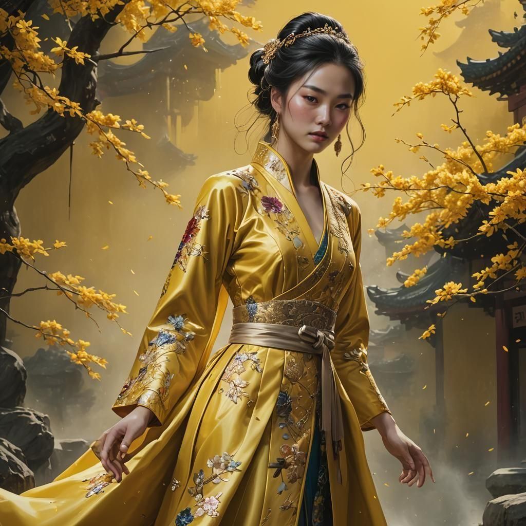 Woman in Yellow Gown: Hyperrealistic Digital Art