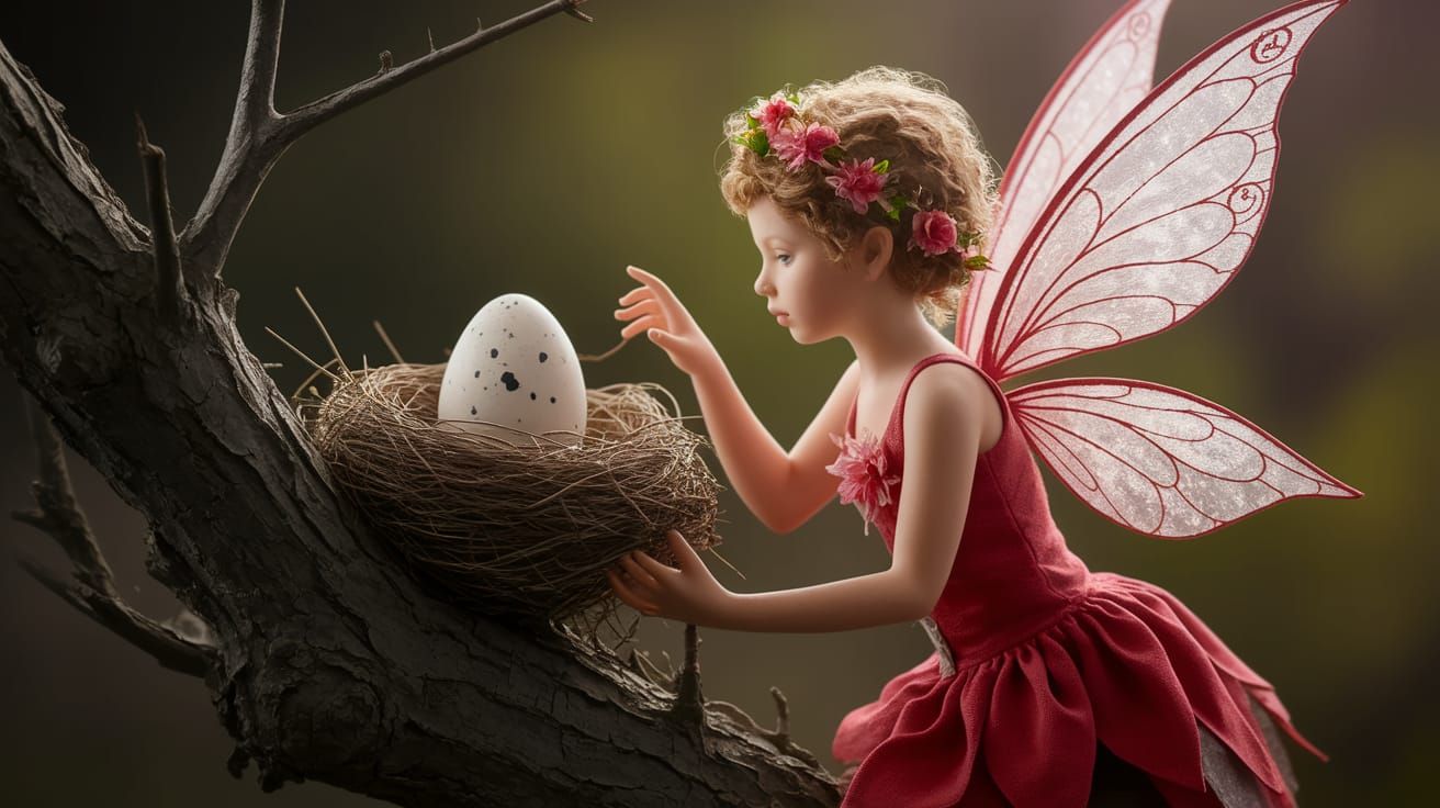 Red Fairy Steals Bird Egg in Whimsical Fantasy Photo