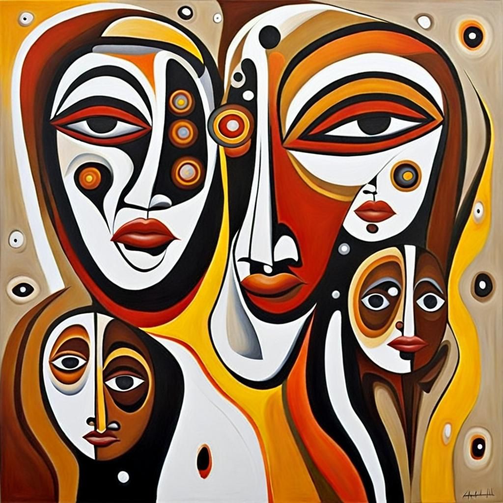 Abstract Faces in Aboriginal Surrealist Oil Painting