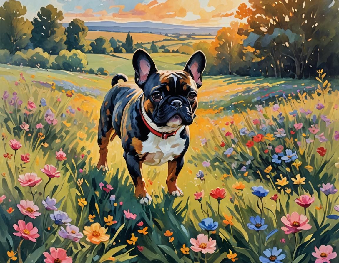 Brindle Frenchie in Floral Field: Gouache Impressionism