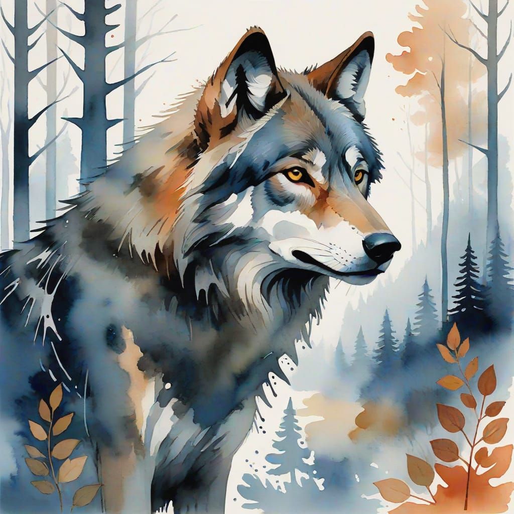 Whimsical Timber Wolf in Muted Ink Drawing