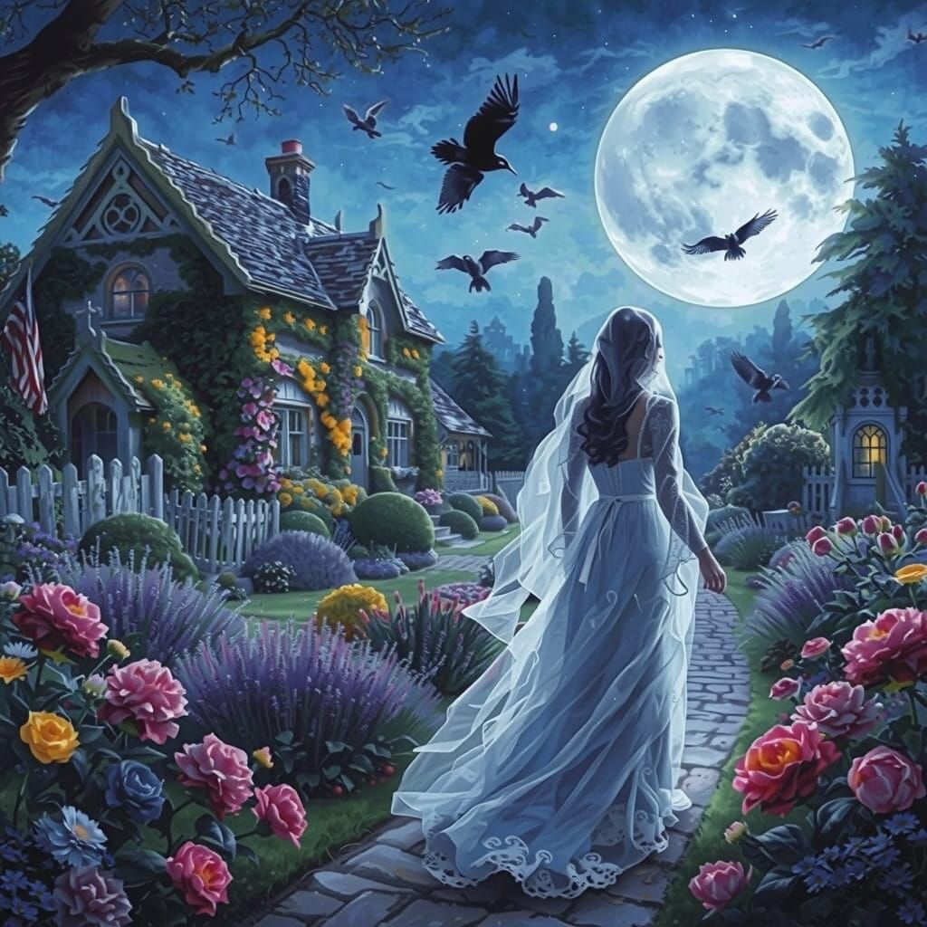 Ghostly Woman Strolls Through a Dreamy English Garden at Nig...