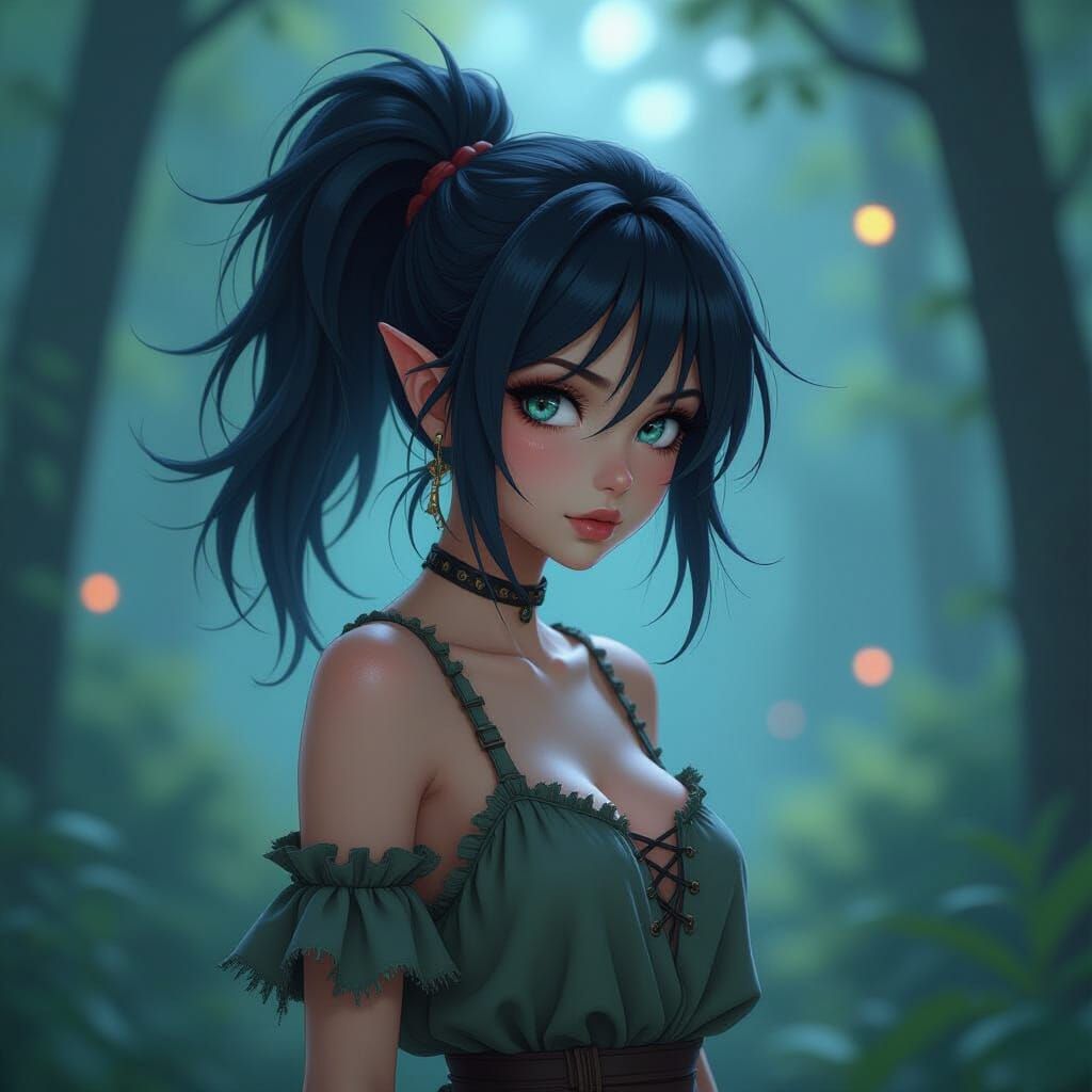 Dark Fairy in Tattered Clothes with Messy Ponytail