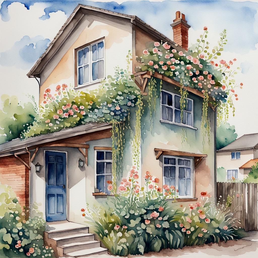 Flowering Plants Growing Over a House: Watercolour Painting