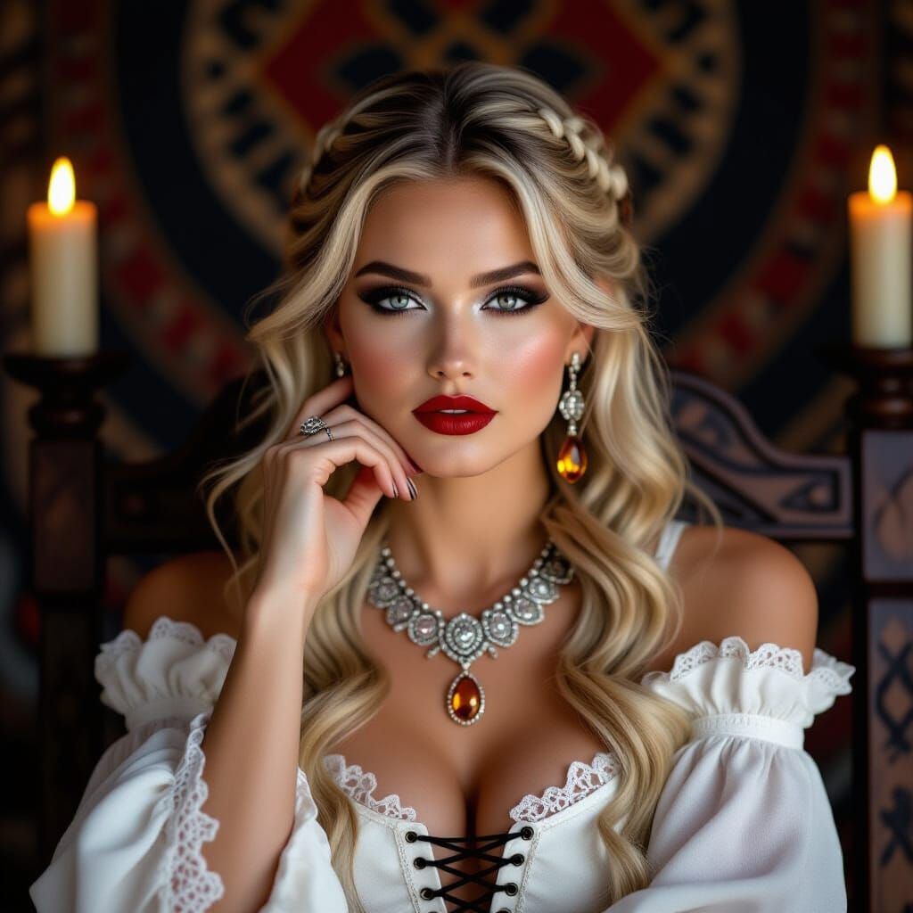 Cinematic Goddess with Flowing Hair and Viking Tapestry