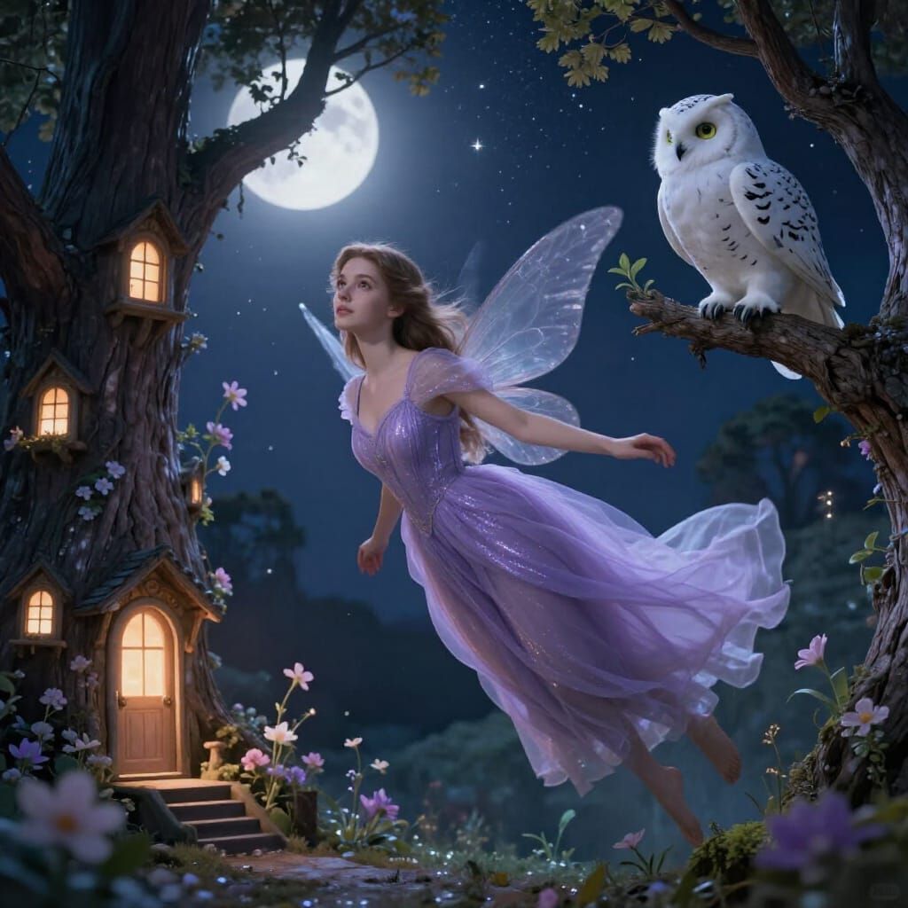 Enchanted Fairy in Shimmering Lavender Dress Among Magical T...
