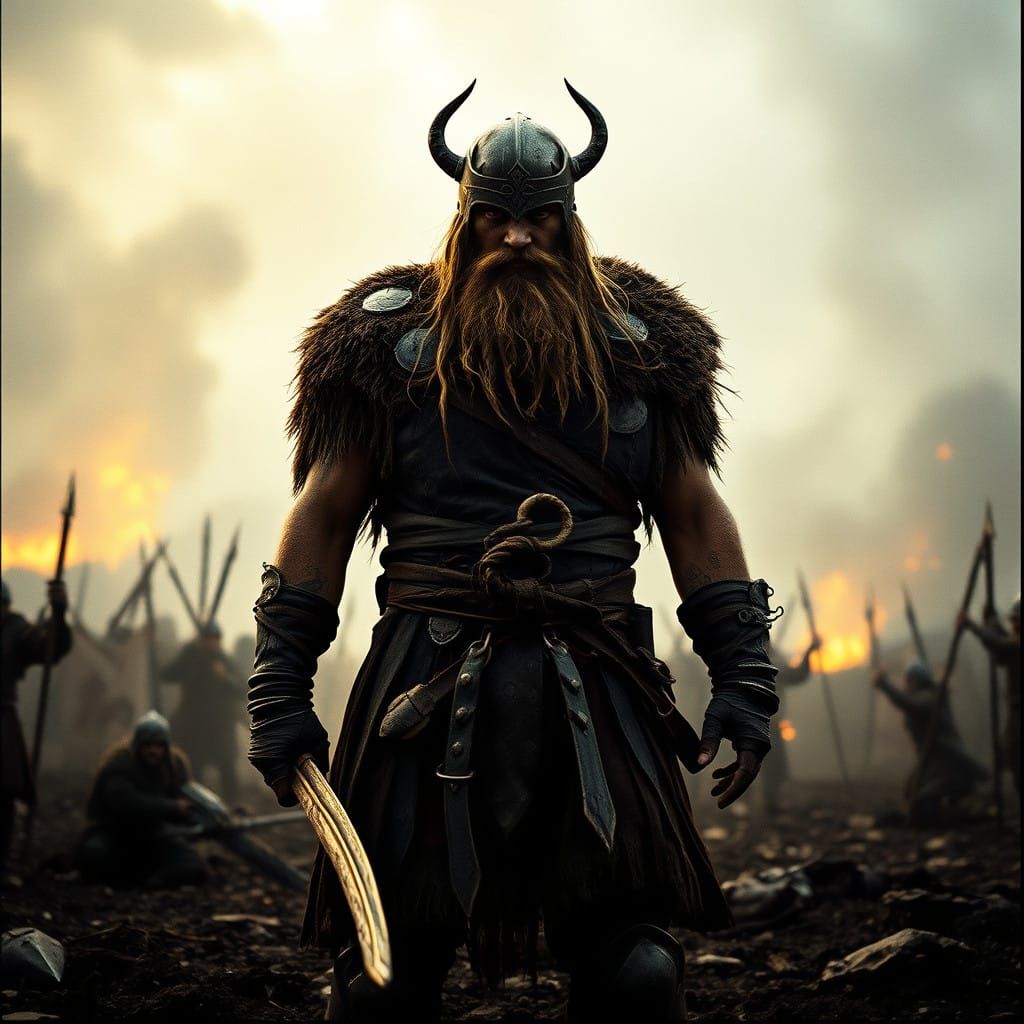 Viking Warrior in Epic Battle Landscape