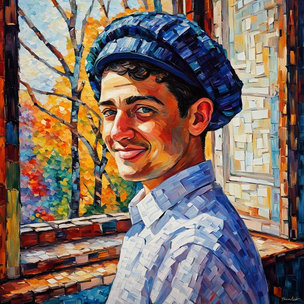 Hasidic Boy Smiling on Shabbat, Neo-Impressionist Oil Painti...