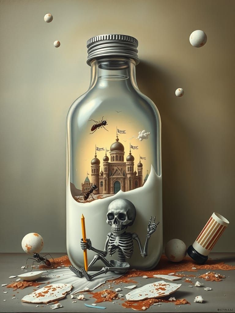 Apocalyptic Baby Bottle, Surreal Oil on Canvas