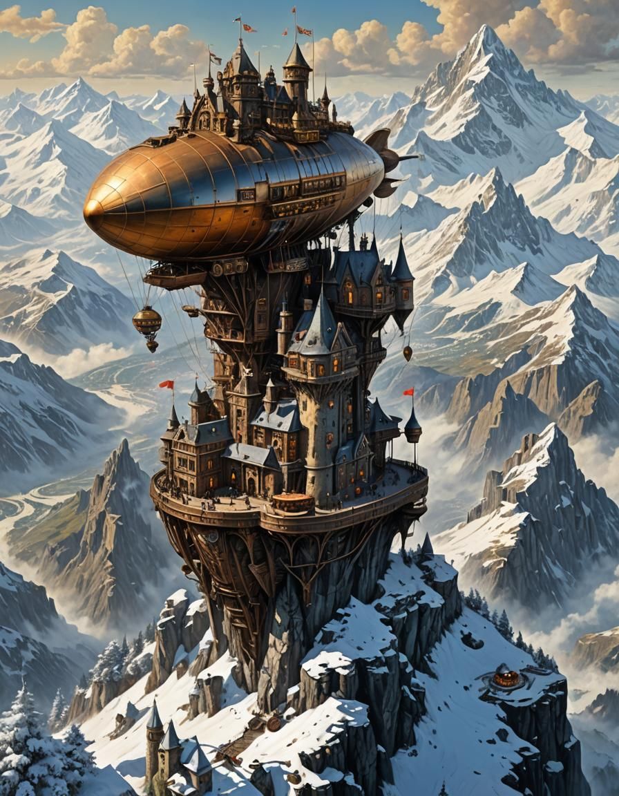 Steampunk Zeppelin Over Castle on Snowy Mountain