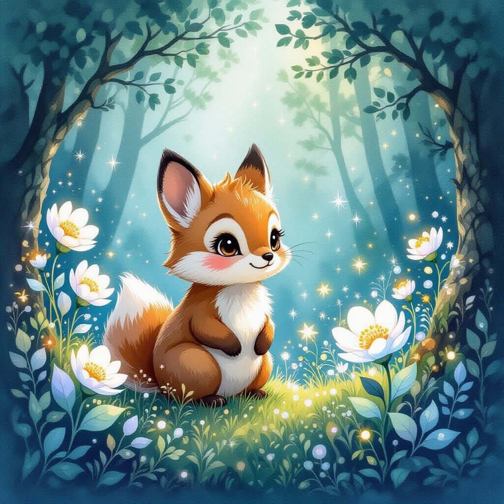 Cute Forest Creature in Bioluminescent Flora Watercolor Pain...