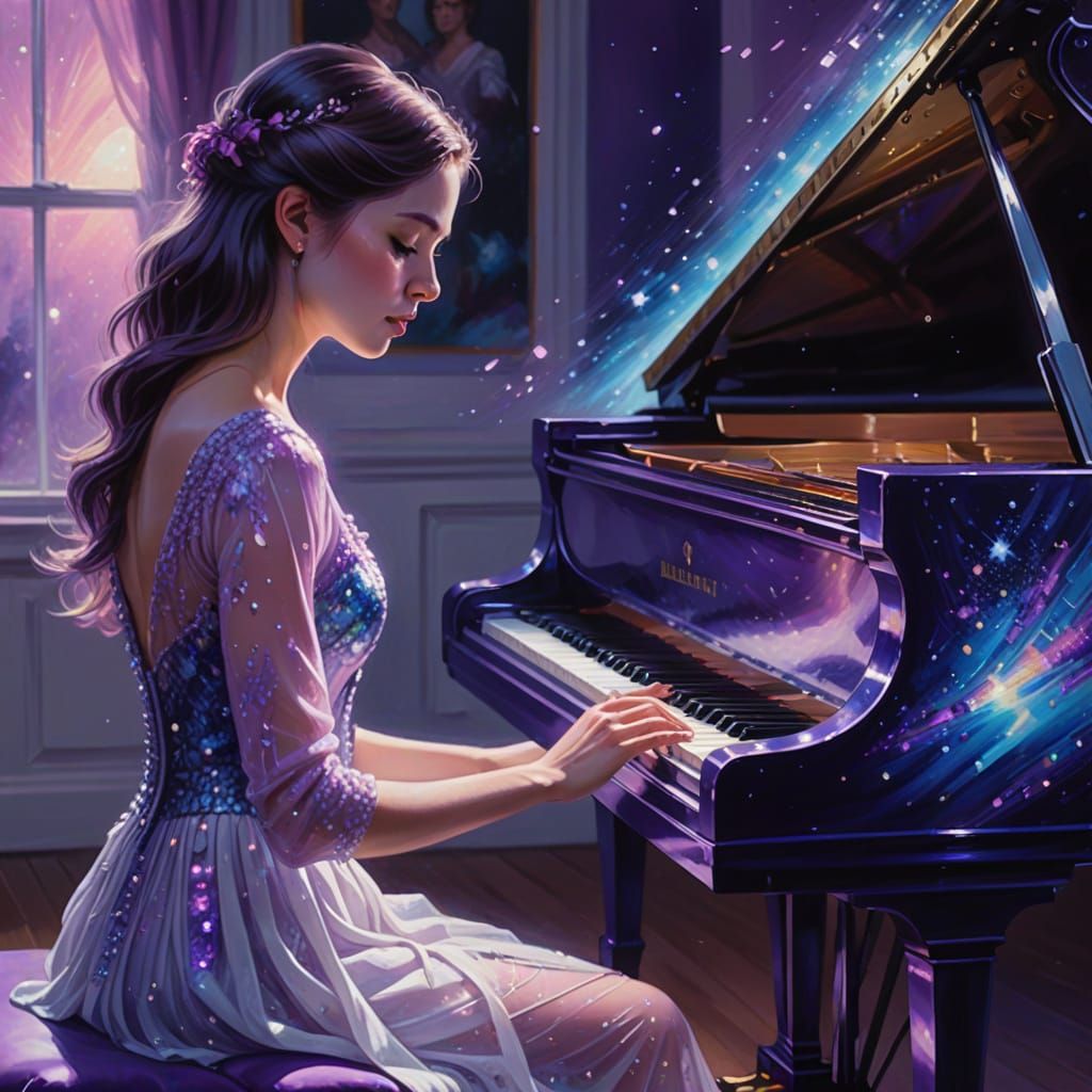 Woman Plays See-Through Piano in Oil Painting