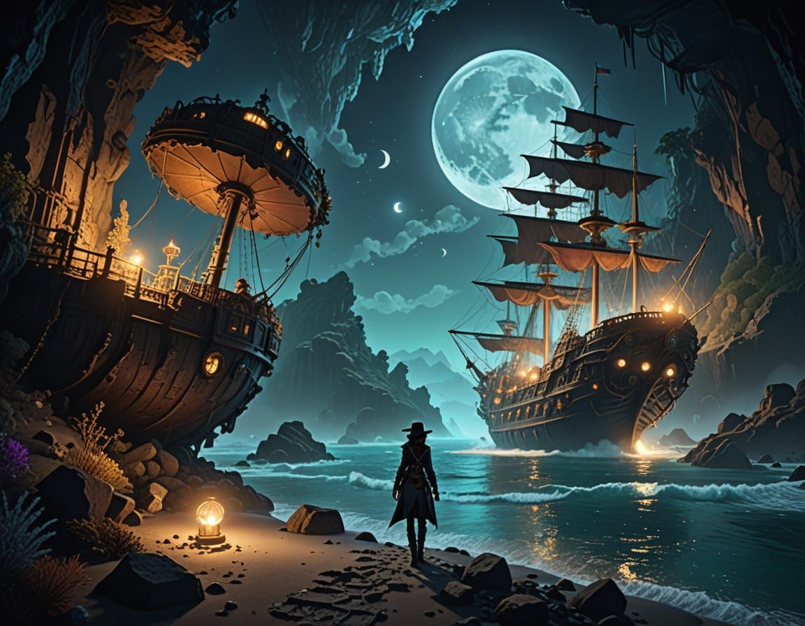 Adventurer in Steampunk Cove Lit by Crystals