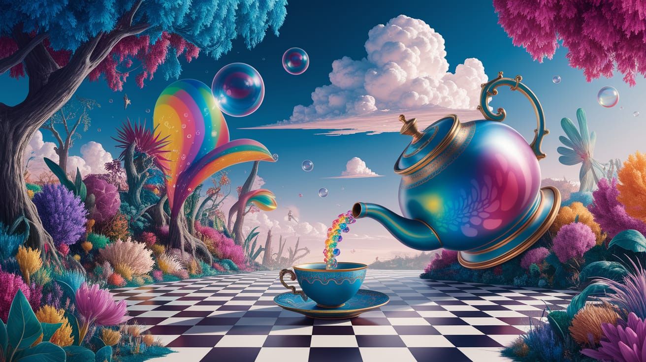 Whimsical Teapot Wonderland in Psychedelic Fantasy Style