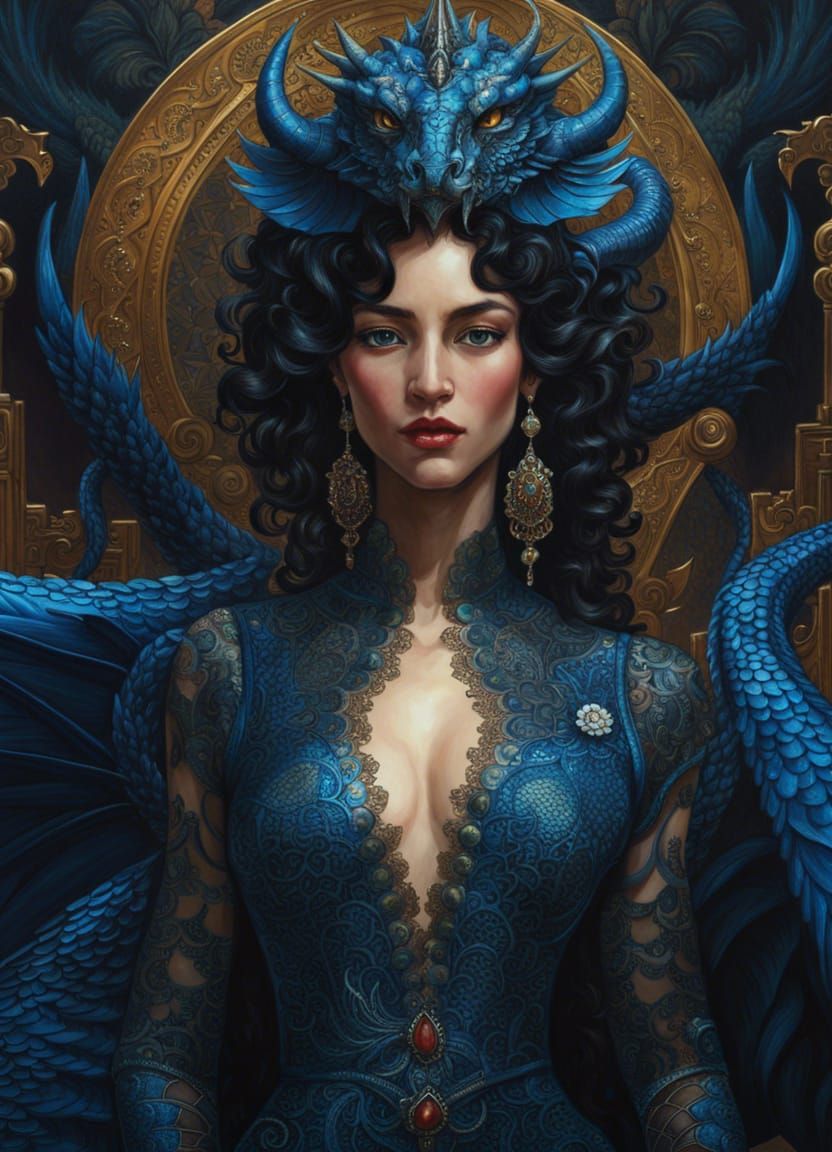 Fierce Blue Dragon Woman in Elaborate Fantasy Art