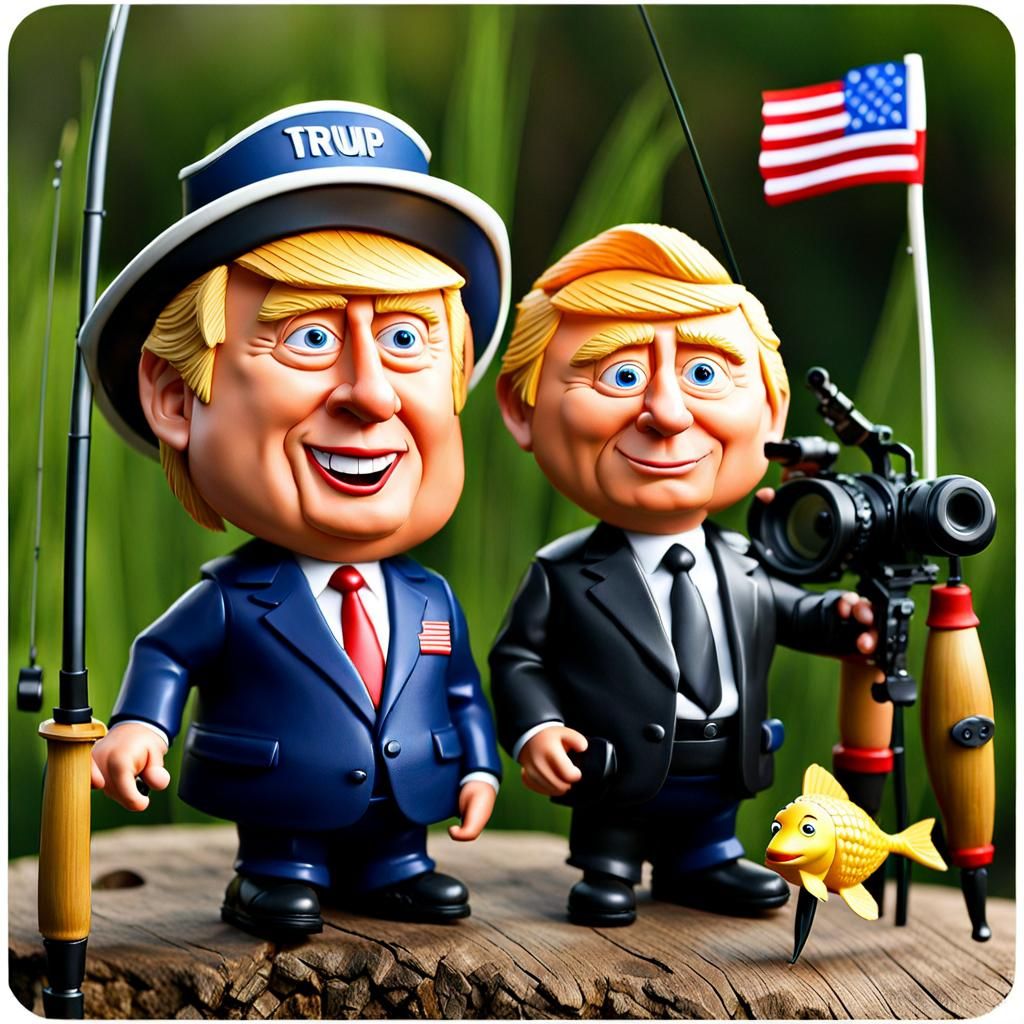 Putin and Trump Fishing Bobbleheads in 3D Digital Art