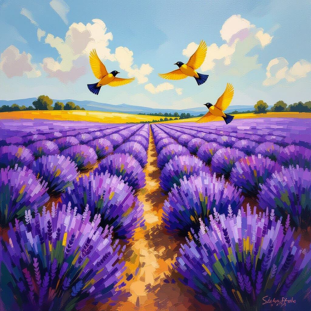 Surreal Lavender Field with Flying Thrushes