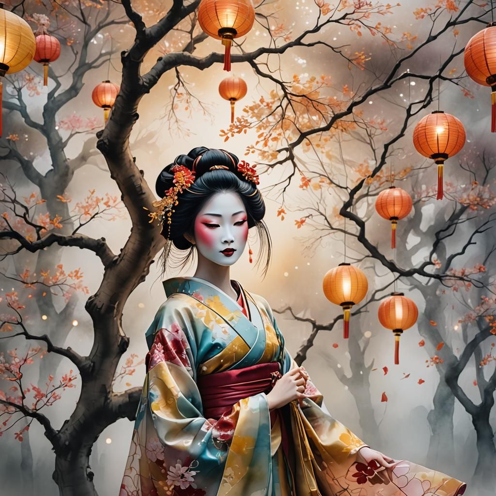 Ethereal Geisha Dance: Alcohol Ink Art