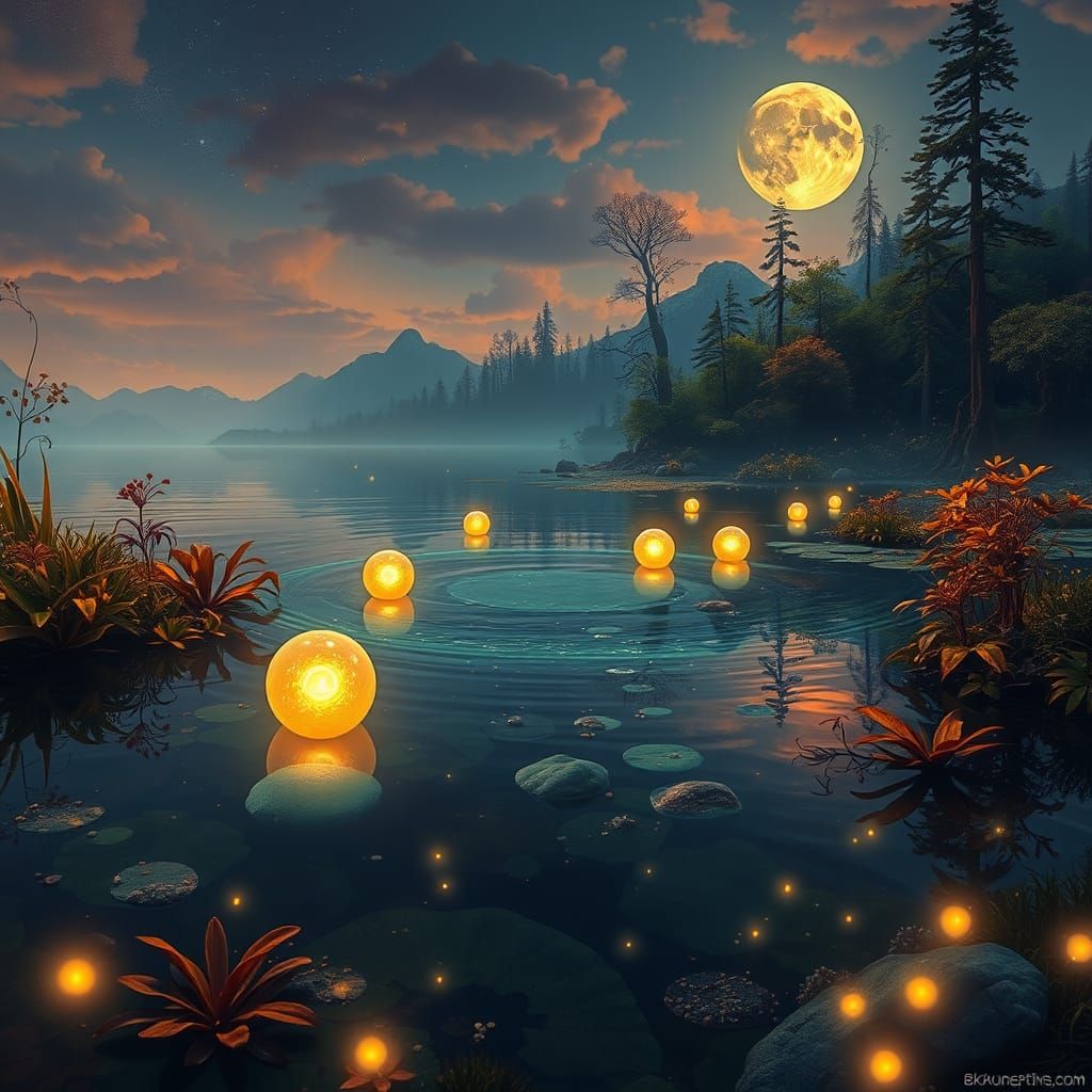 Mystical Lake with Glowing Bulbs