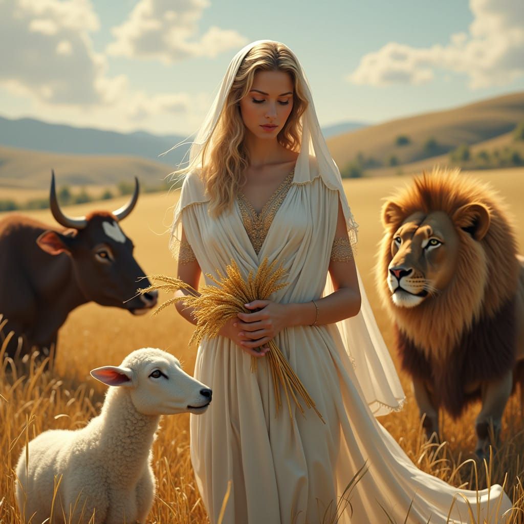 Goddess of Earth Cradles Nature's Bounty in a Golden Landsca...