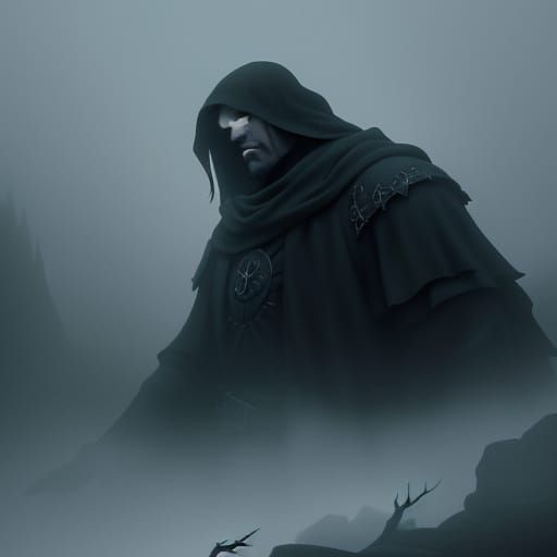 Brooding Warrior Stands at Edge of Dark, Misty Forest in Got...