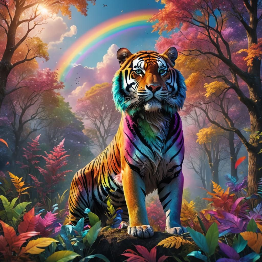Rainbow Tiger in Dreamlike Forest, Fantasy Concept Art